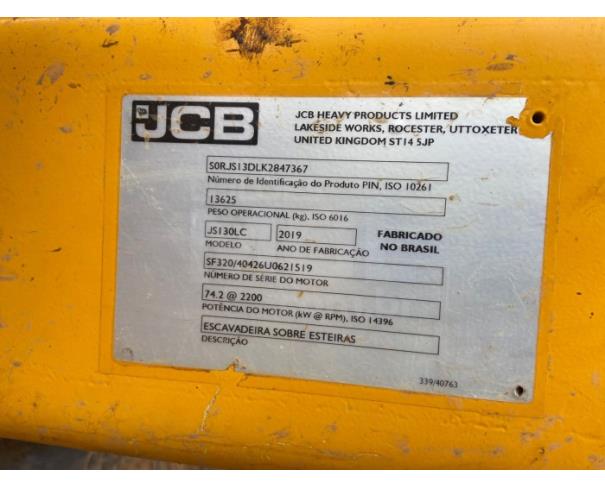 Foto de SÃO SEBASTIÃO DA BELA VISTA/MG - Escavadeira JCB, modelo JS130 LC, ano 2019.