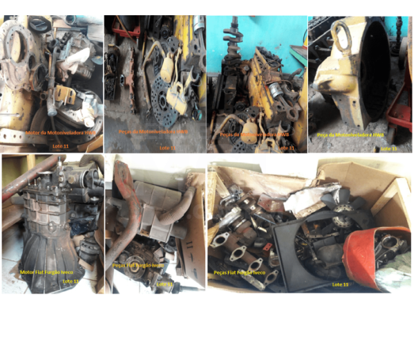 Foto de Sucatas composta por motores, peças de veículos e placas de trânsito.