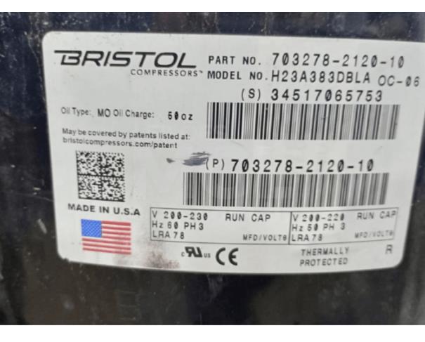 Foto de ARCOS/MG -  Compressor marca BRISTOL, modelo H23A383D3LA 